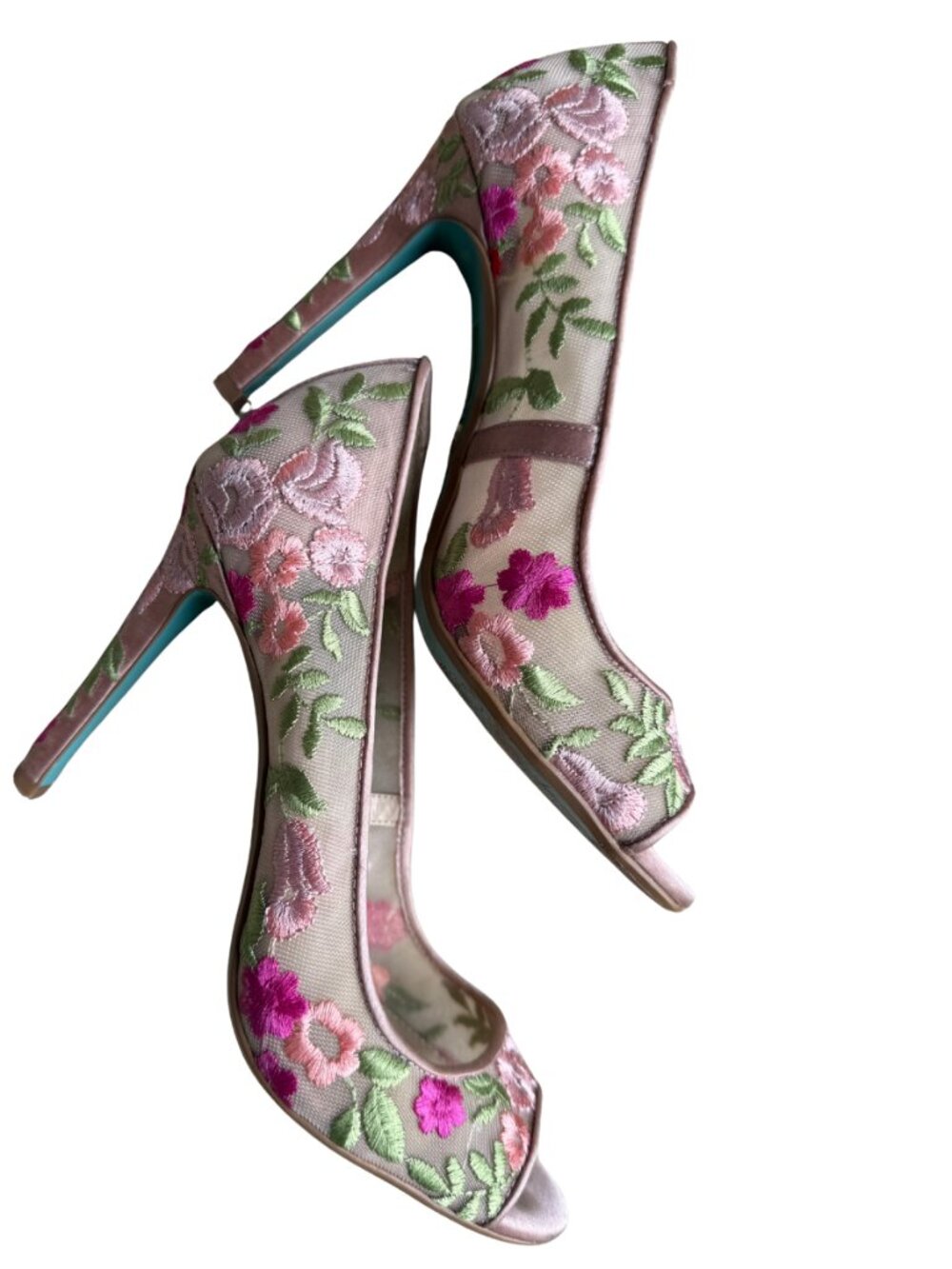 Betsey Johnson Embroidered Floral Peep Toe Heels Size 6 Pink Satin Mesh Stiletto - Picture 2 of 15